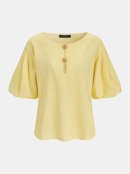 Keyhole Puff Sleeve Tencel Linen Blend Blouse
