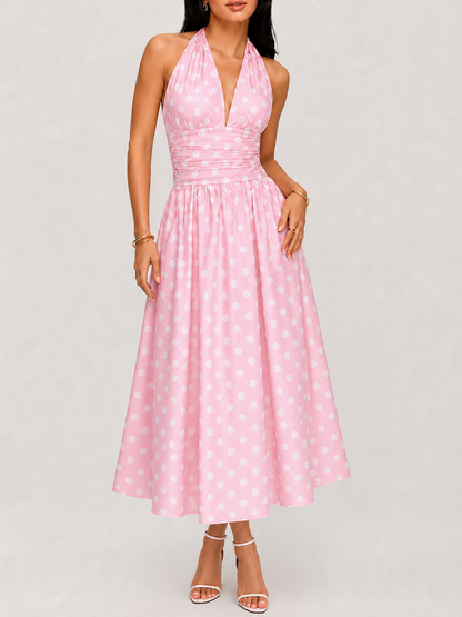 Polka Dot Halter Ruched Midi Dress