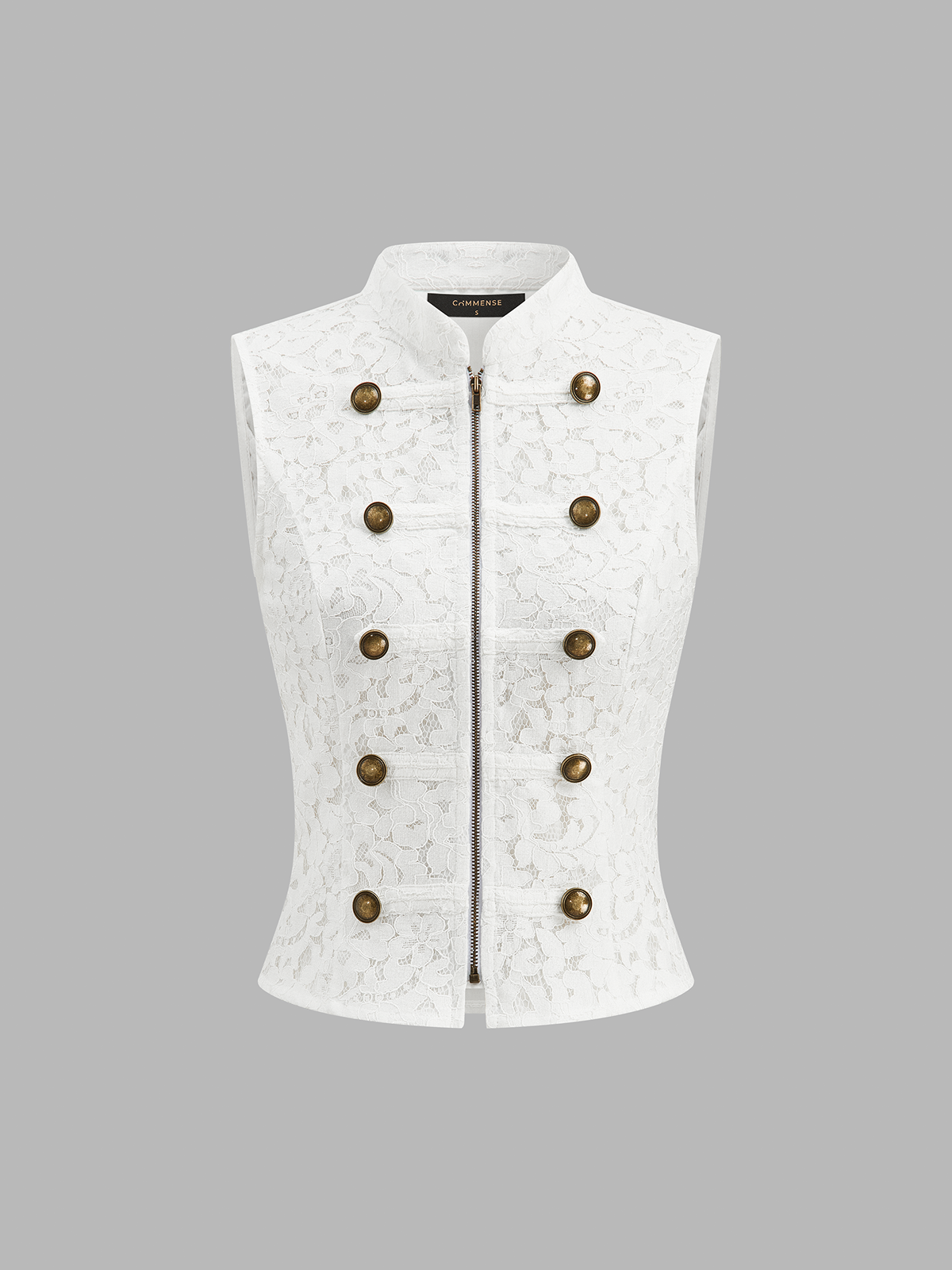 Napoleon Front Zipper Stand Collar Lace Vest