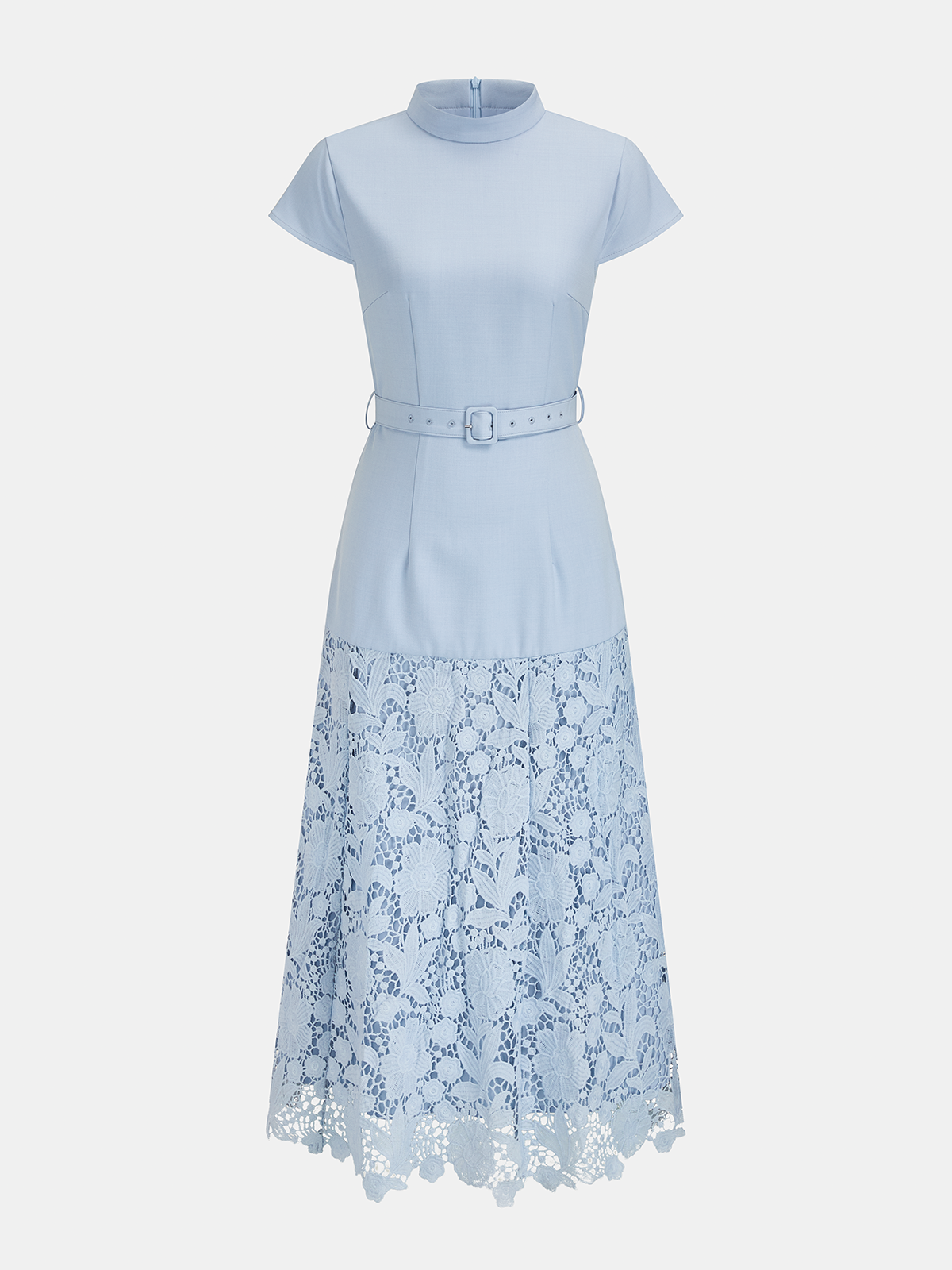 Belted Short Sleeve Lace Hem Midi Dress