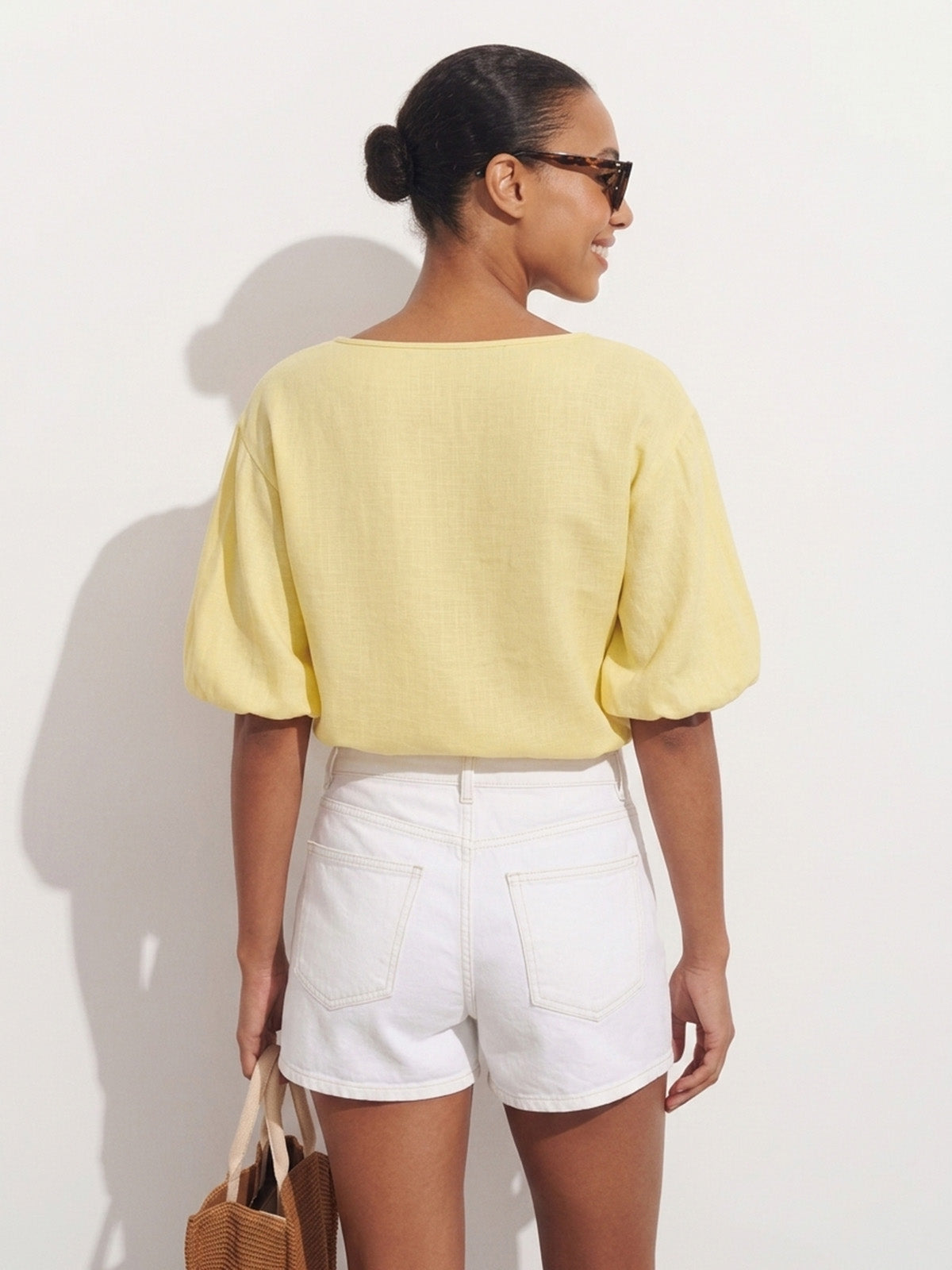 Keyhole Puff Sleeve Tencel Linen Blend Blouse