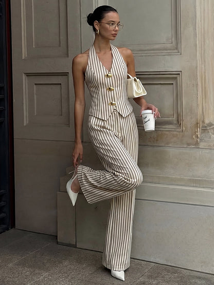 Striped Halter Neck Pants Set with Metal Button