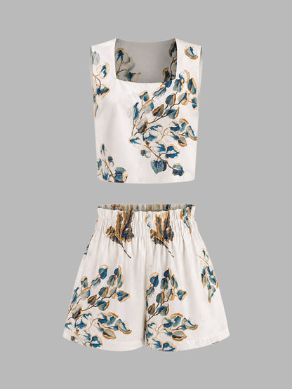 Floral Print Sleeveless Shorts Set