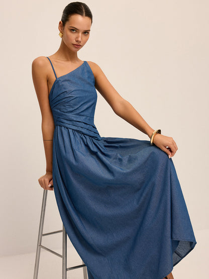 Faux Denim Asymmetrical Cami Maxi Dress