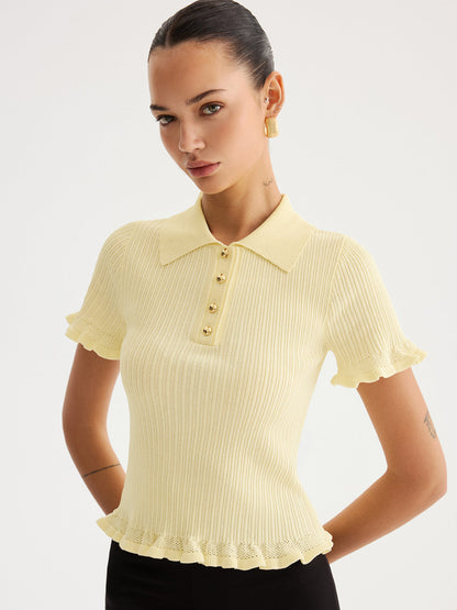 Ruffled Collared Ribbed Knit Top