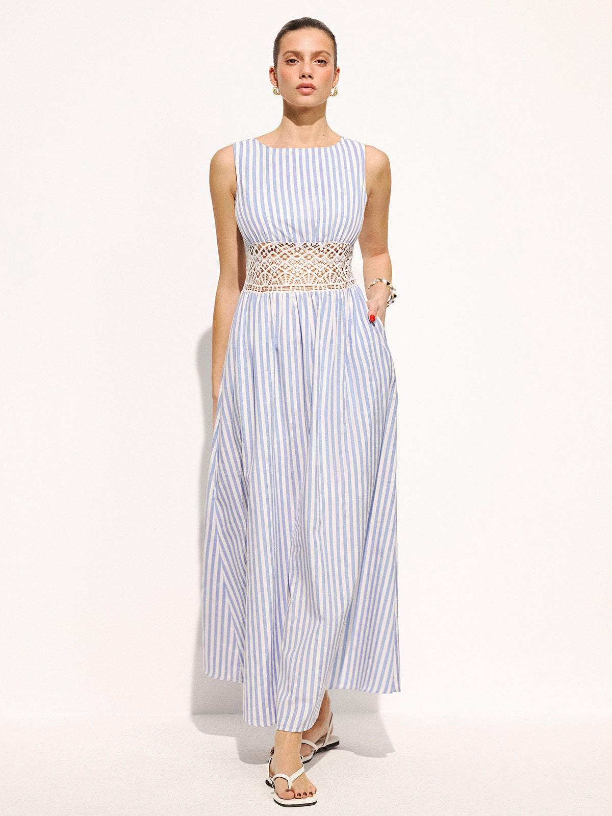 Striped Sleeveless Lace Waist Maxi Dress