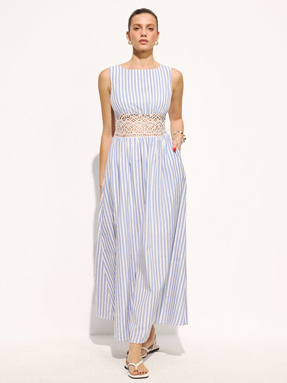 Striped Sleeveless Lace Waist Maxi Dress
