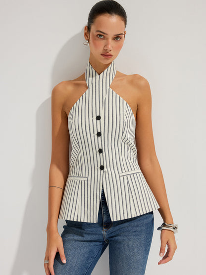 Striped Cotton Buttoned Halter Vest