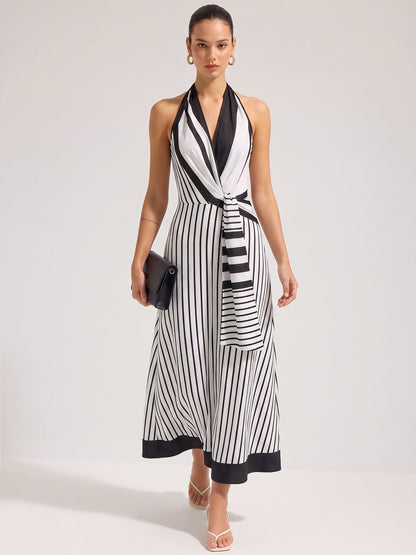 Striped Halter Wrap Maxi Dress