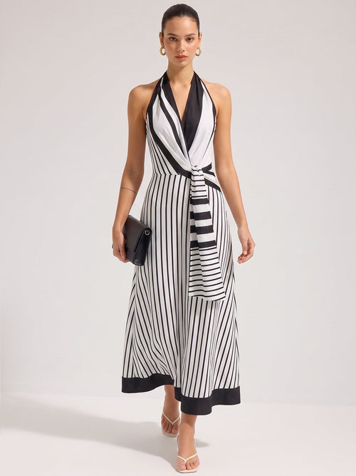 Striped Halter Wrap Maxi Dress