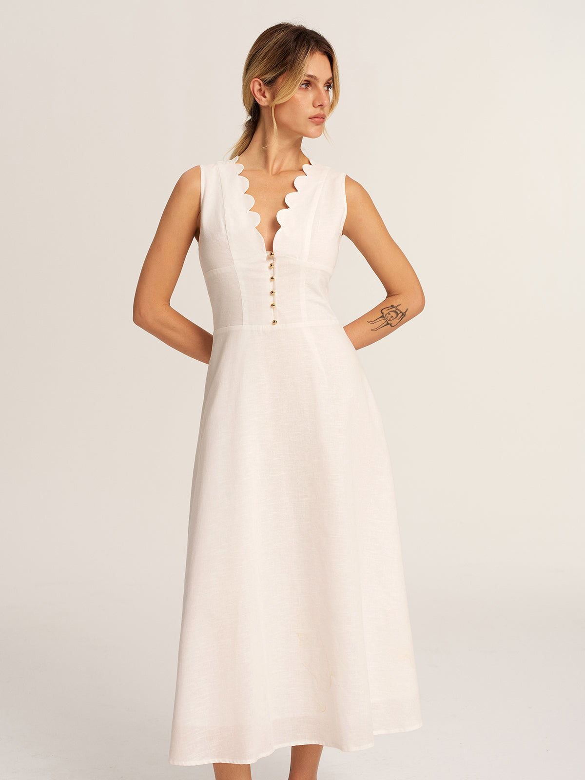 Scalloped Neckline Cotton Linen Midi Dress