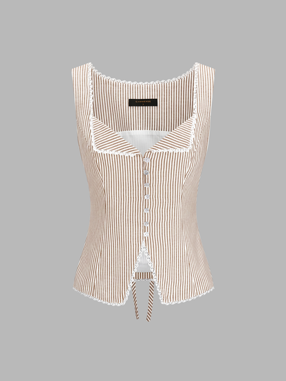 Striped Lace Trim Button-Front Tank Top