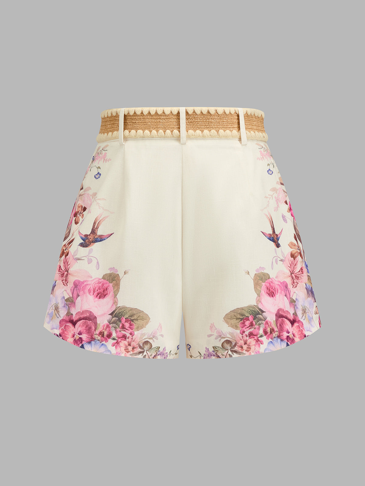 Floral Bird Print Pleated Belted Shorts