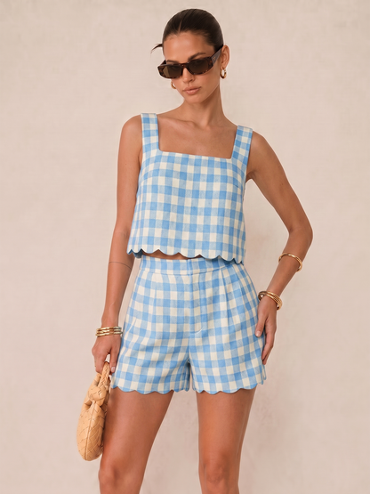Gingham Scallop Hem Crop Top & Shorts Set
