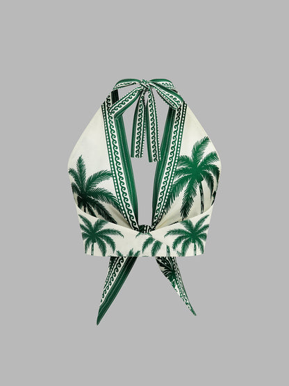 Tropical Print Halter Top & Drawstring Shorts Set