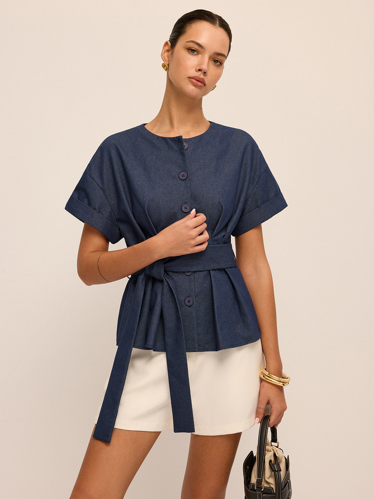 Belted Short-Sleeve Peplum Blouse