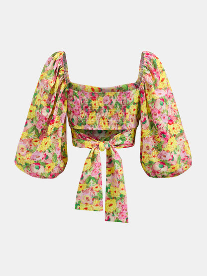 Square Neck Puff Sleeve Floral Tie-Back Blouse
