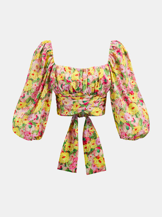 Square Neck Puff Sleeve Floral Tie-Back Blouse