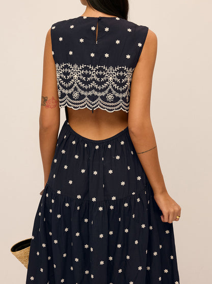 Back Cutout Embroidered Sleeveless Cotton Dress