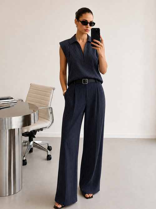 Pinstriped Sleeveless Shirt & Pants Set