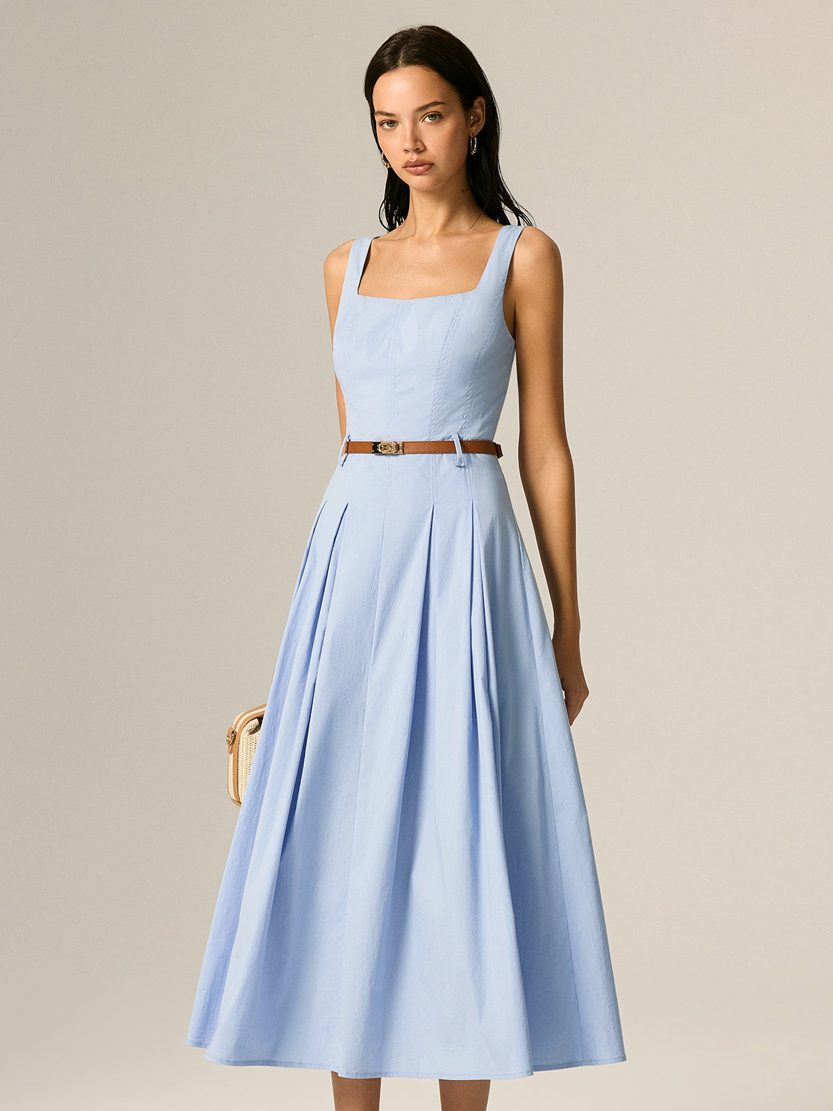 Square Neck Belted Pleated Maxi Dress
