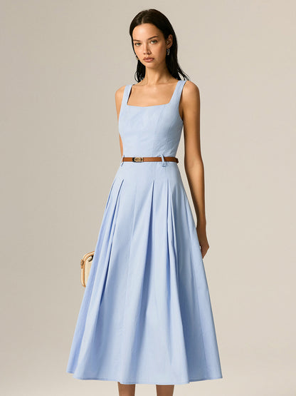 Square Neck Belted Pleated Maxi Dress