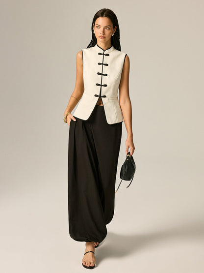 Frog Button Contrast Trim Textured Vest