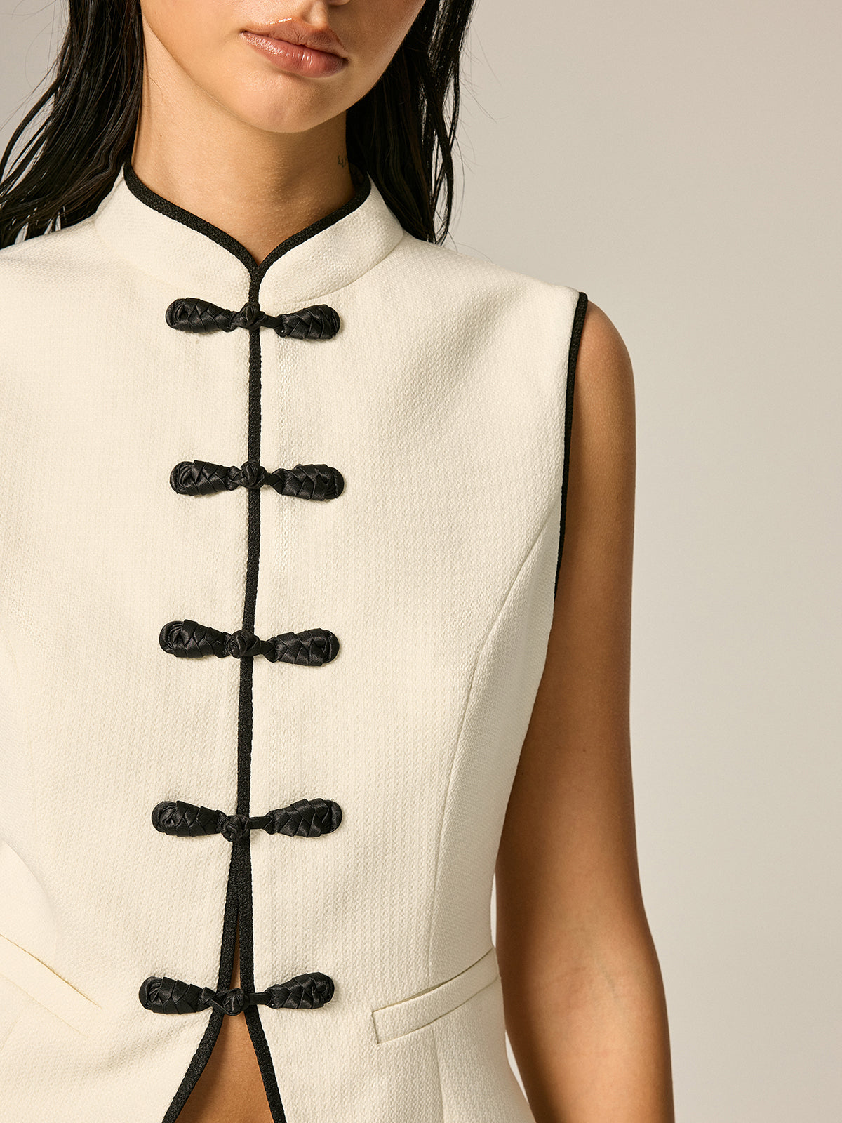 Frog Button Contrast Trim Textured Vest