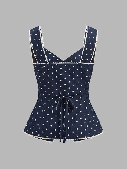 Polka Dot Lace Trim Button Front Vest