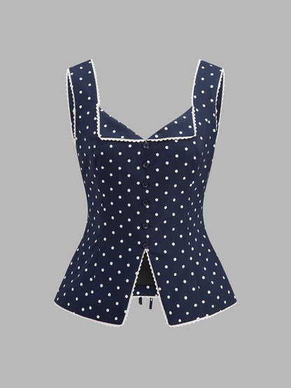 Polka Dot Lace Trim Button Front Vest