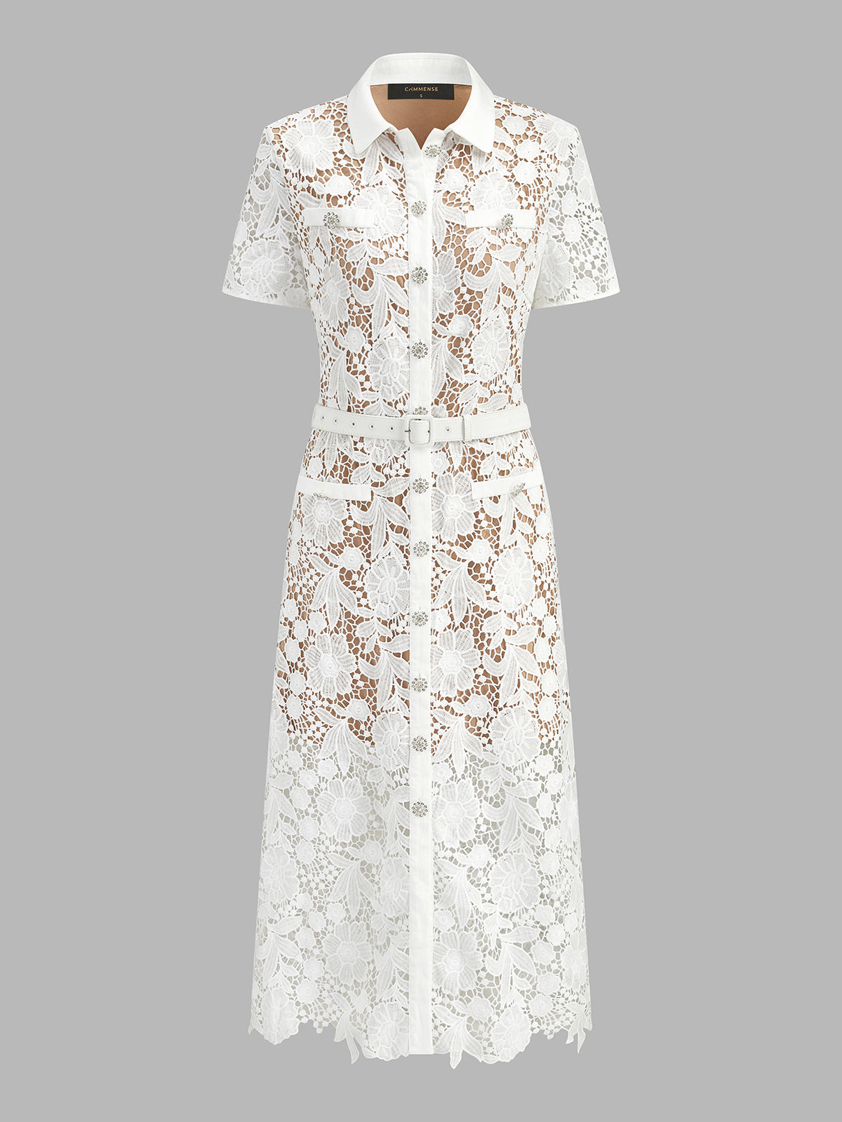 Belted Guipure Lace Shirt Midi Dress