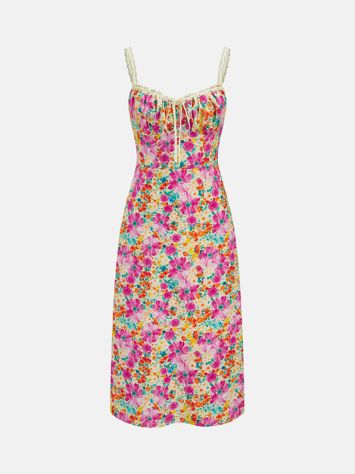 Lace Strap Tie Front Floral Midi Dress