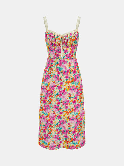 Lace Strap Tie Front Floral Midi Dress