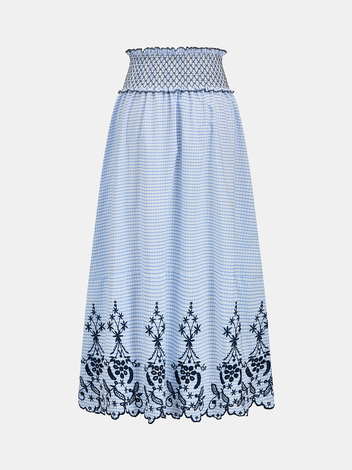 Smocked Waist Grid Embroidered Maxi Skirt