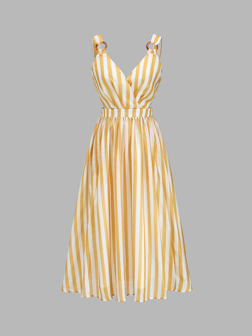 Ring Strap Striped Cutout Midi Dress