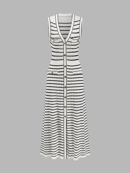 Striped Button-Front Knit Midi Dress