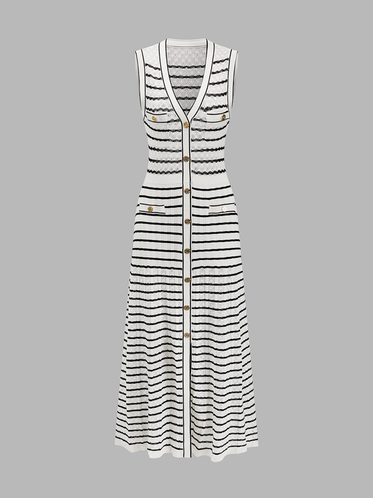 Striped Button-Front Knit Midi Dress