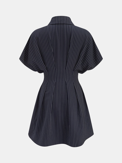 Pinstripe Cinched Waist Mini Shirt Dress