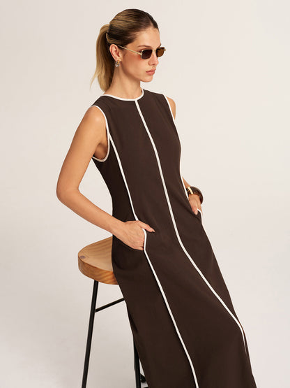 Contrast Piping A-Line Maxi Dress