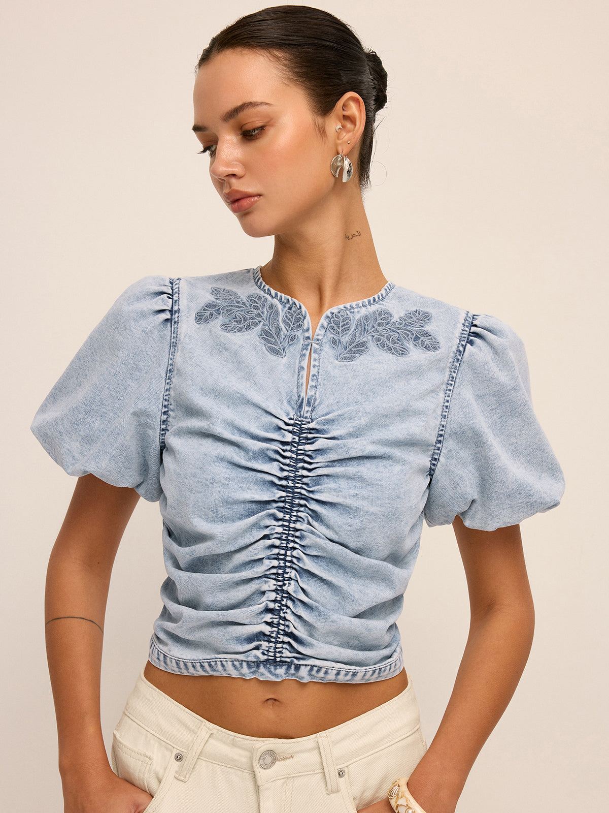 Ruched Puff Sleeve Embroidered Denim Top