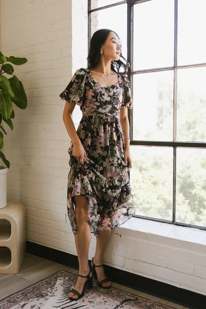 Angelique Floral Tie Dress in Black - FINAL SALE