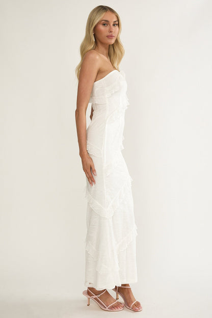 Metrics Strapless Frill Maxi Dress White
