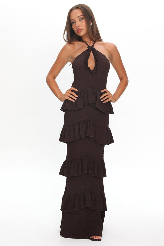 Dulce Dreams Halterneck Frill Maxi Dress Chocolate