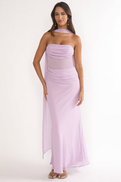 Unforgettable Day Drape Waist Strapless Maxi Dress Lilac