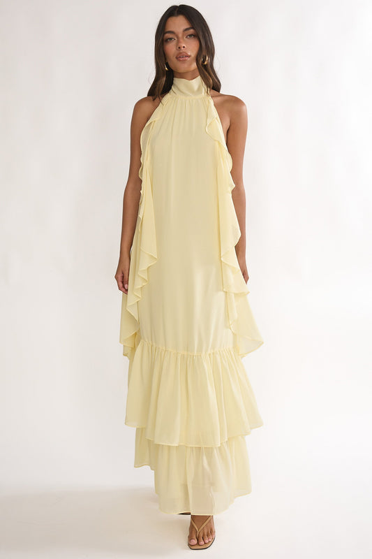 Lorina Layered Ruffle Halterneck Maxi Dress Butter