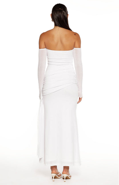 Breanna White Long Sleeve Ruched Maxi Dress