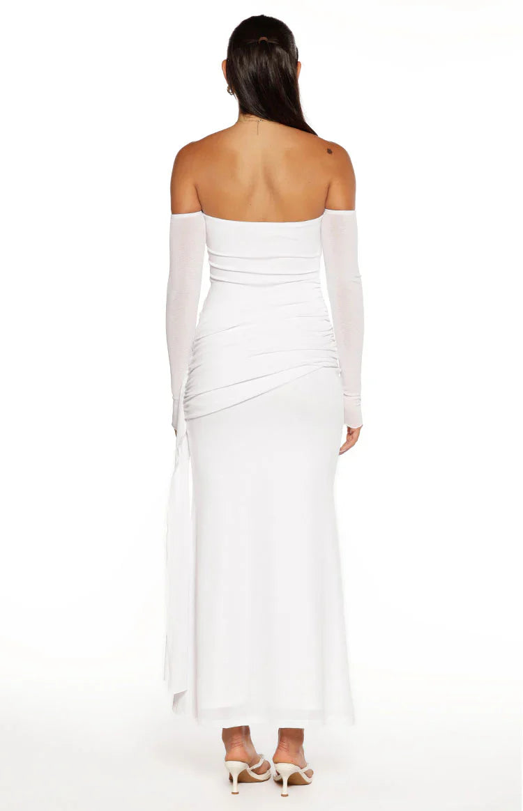 Breanna White Long Sleeve Ruched Maxi Dress