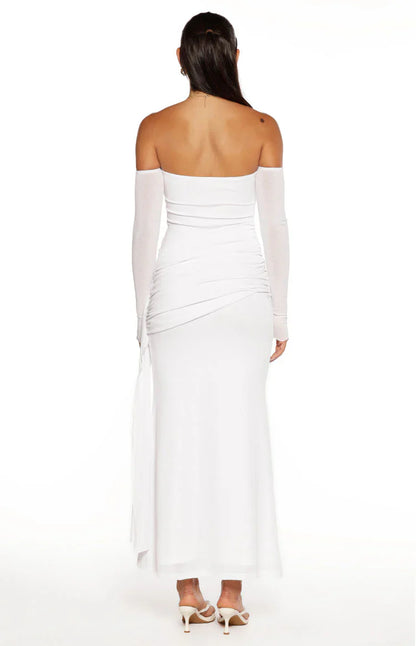 Breanna White Long Sleeve Ruched Maxi Dress