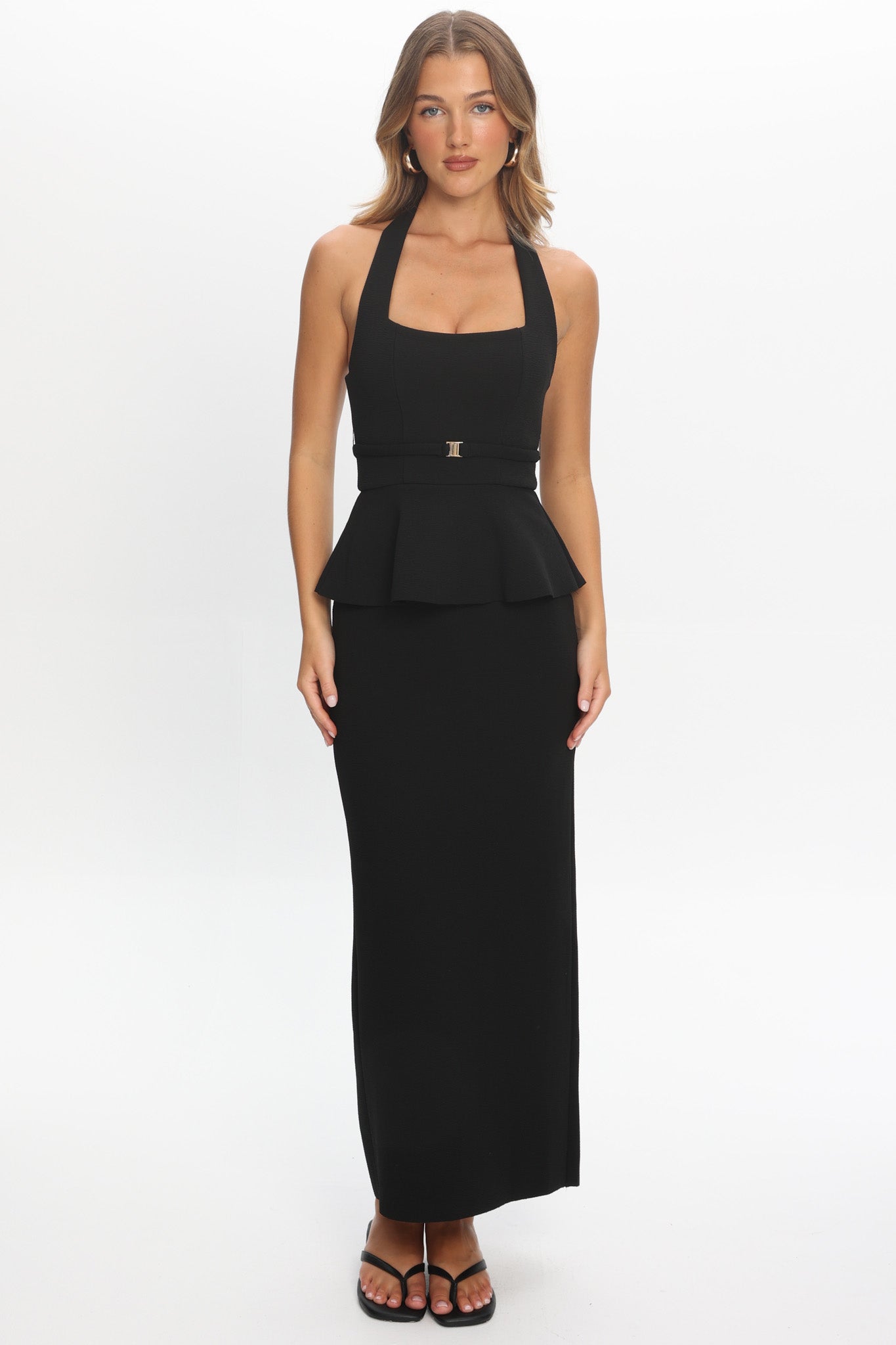 Fire Of Stars Peplum Halterneck Maxi Dress Black