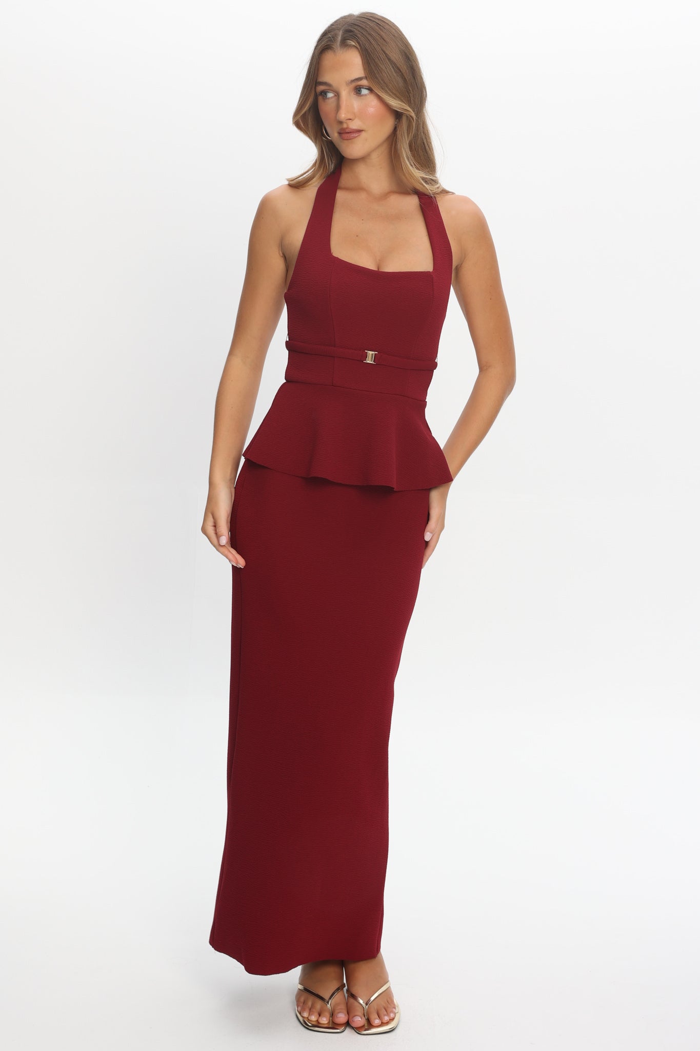 Fire Of Stars Peplum Halterneck Maxi Dress Cherry